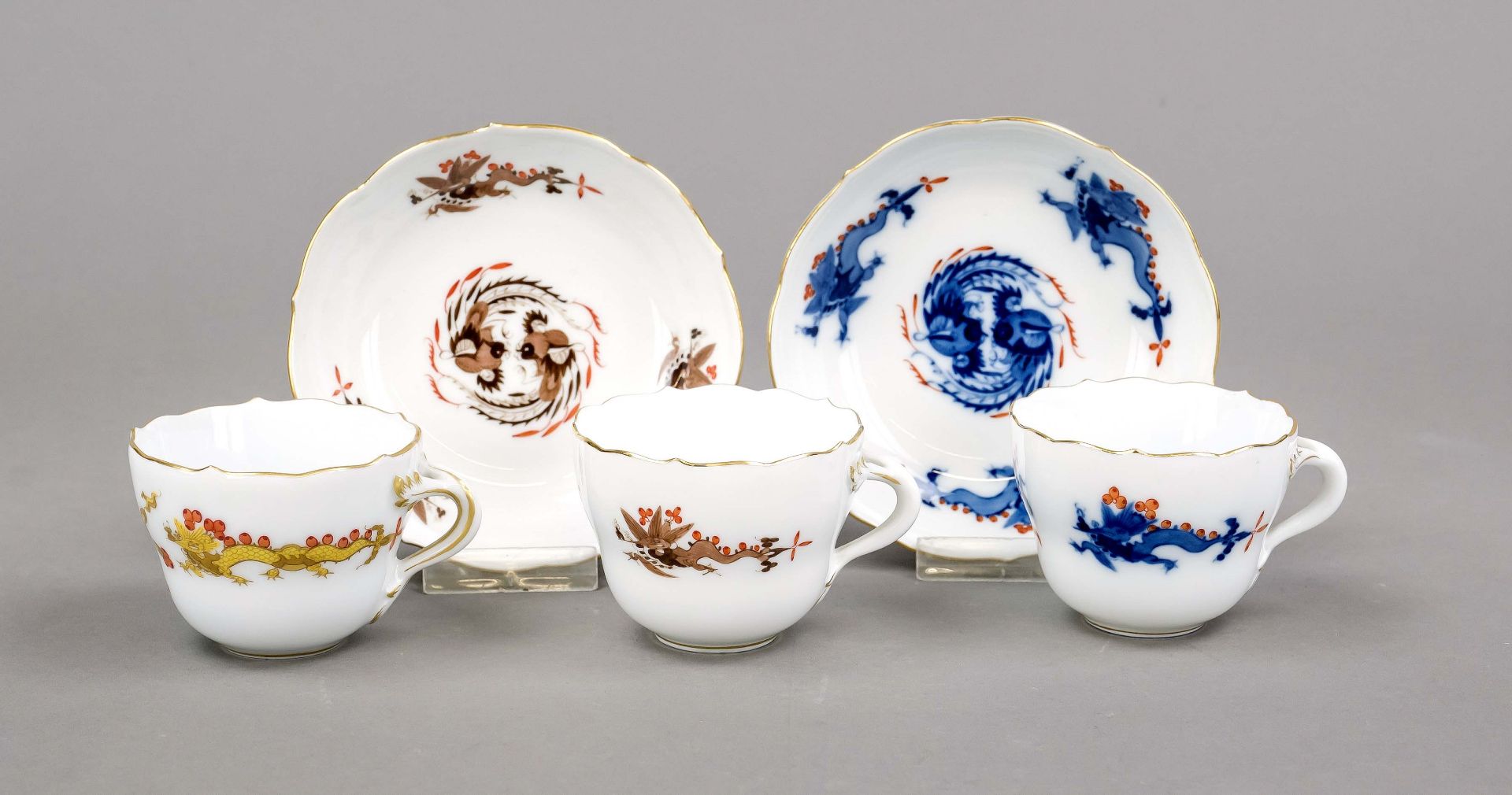 3 demitasse cups with 2 saucers, Meissen, 20th century, 1st choice, New Cut-out shape, polychrome