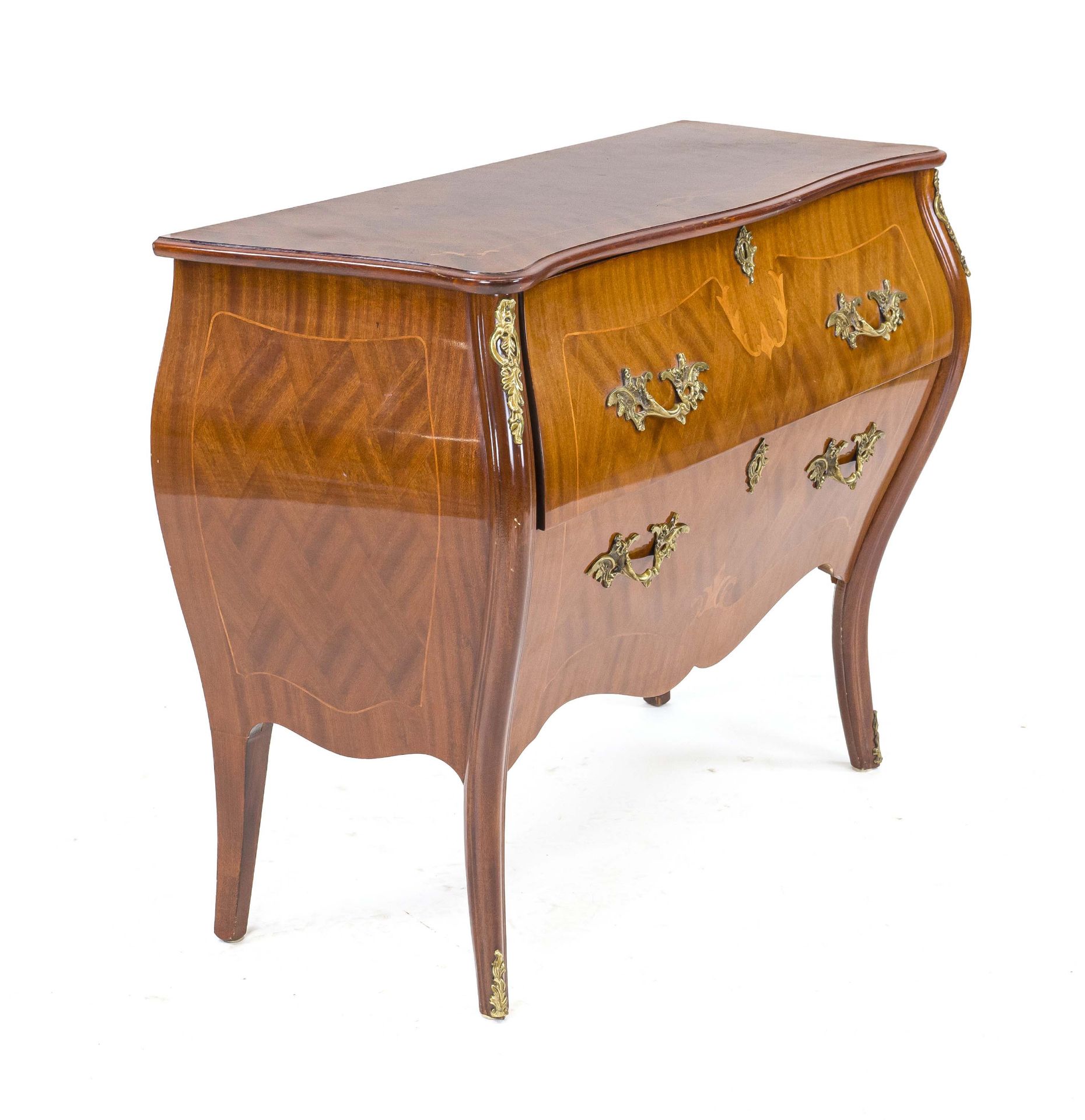 Baroque style chest of drawers, mid 20th century, mahogany veneer, framed diamond marquetry on all - Image 2 of 2