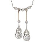 Art Deco old-cut diamond necklace WG/GG 585/000 with 2 old-cut diamonds, total 0.52 ct W/SI-PI, 5