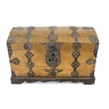 Baroque round lidded chest, 18th century, oak, cut metal fittings, side handles, lock missing, 84