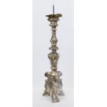 Baroque altar candlestick, carved wood in full relief, set and silver-plated, rubbed & chipped, h.