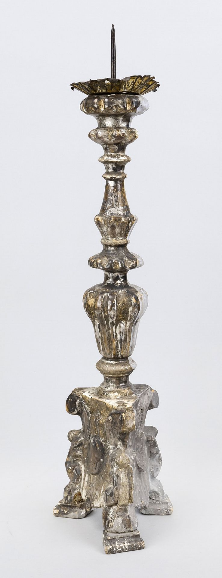 Baroque altar candlestick, carved wood in full relief, set and silver-plated, rubbed & chipped, h.