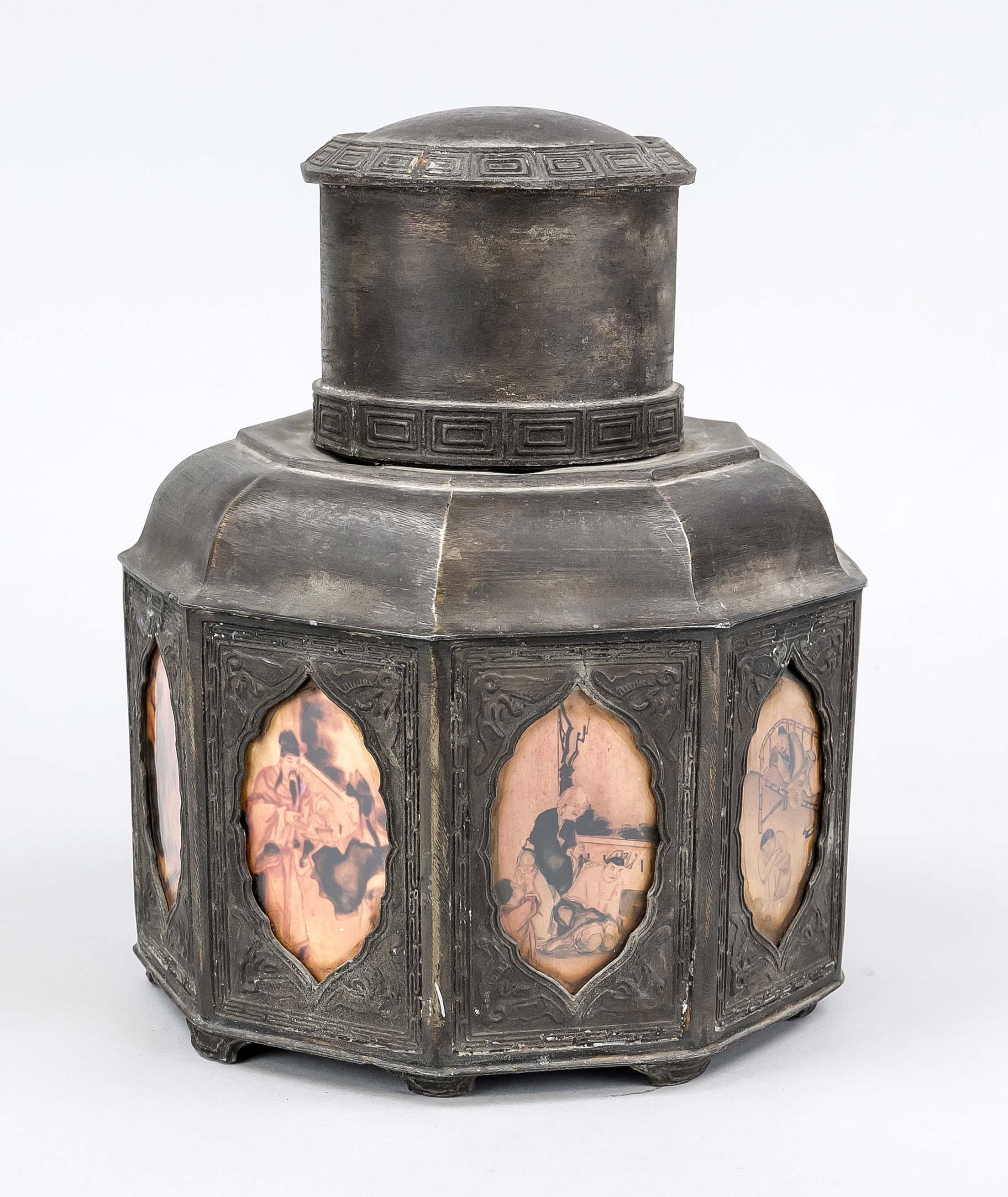 Tea caddy, China late 19th century (late Qing). Faceted pewter body with framed pictures behind - Image 2 of 3