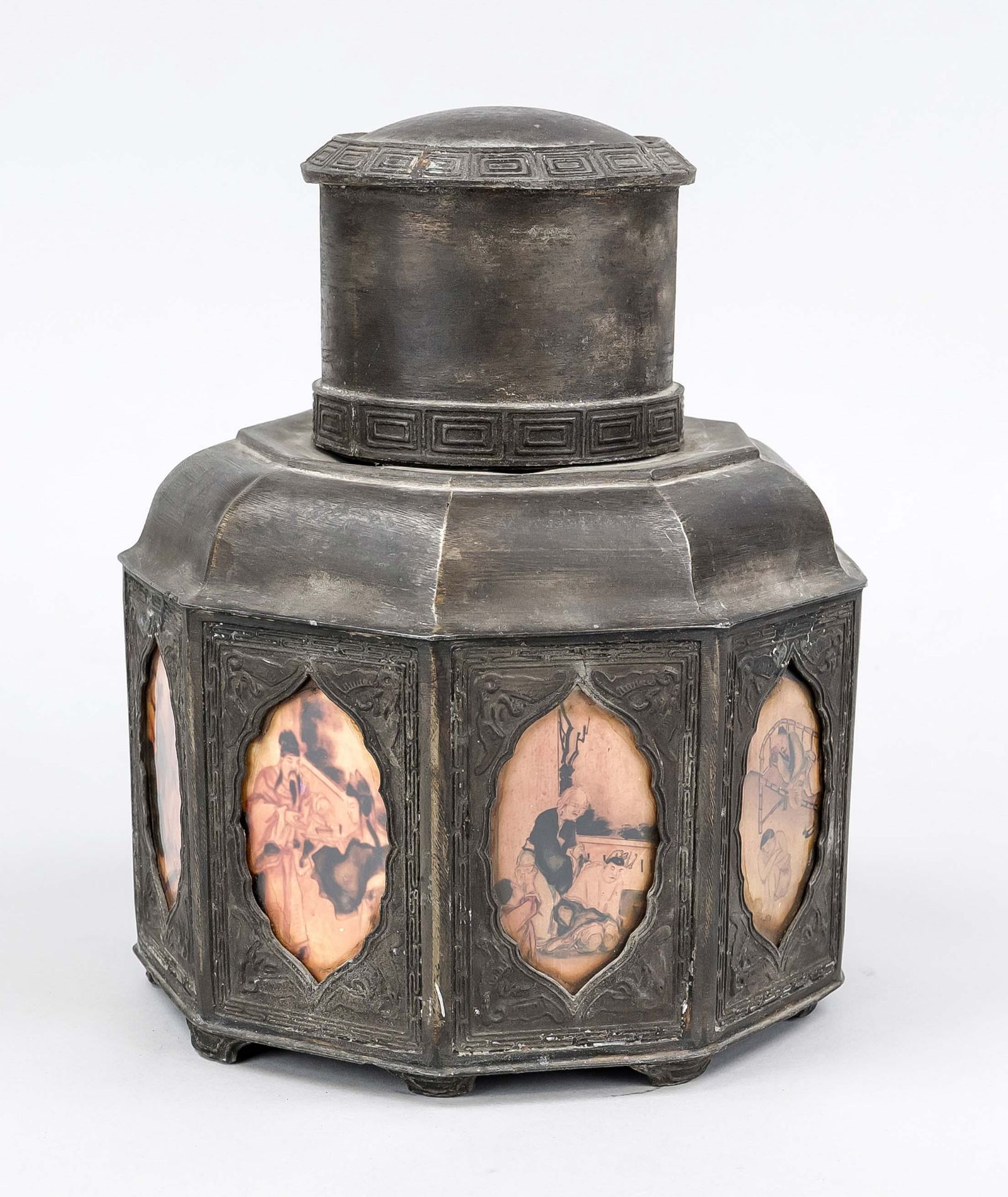 Tea caddy, China late 19th century (late Qing). Faceted pewter body with framed pictures behind - Image 2 of 3