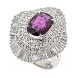 High-fine ballerina ruby diamond ring platinum 900/000 with an oval faceted ruby 2.74 ct (