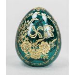 Ornament, 20th century, blue-green glass with floral engraved decoration and monogram, gold