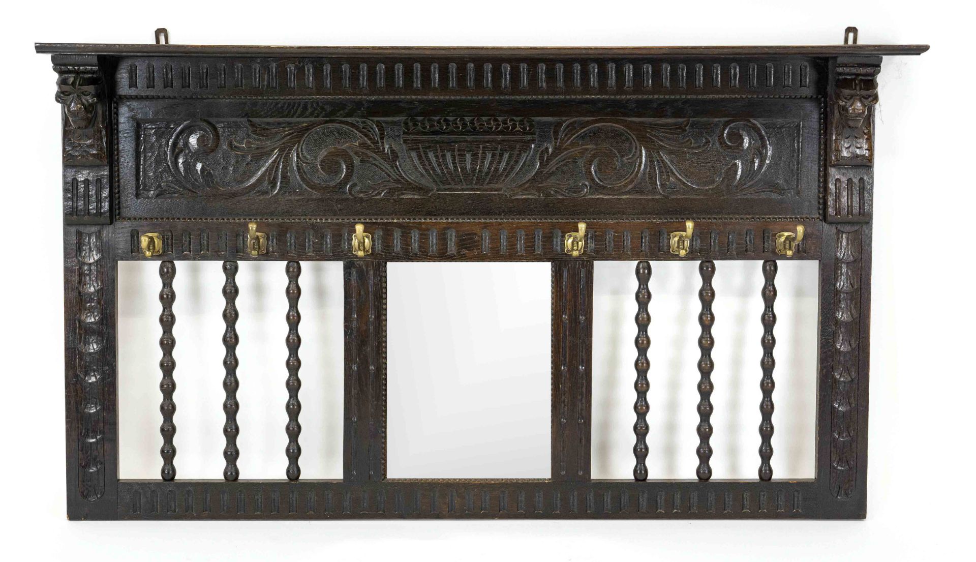 Wardrobe around 1880, oak, center mirror, 6 brass hooks, 80 x 135 x 18 cm