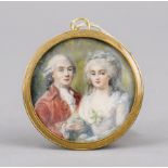 Round miniature, 19th century, polychrome tempera painting on bone plate. Rococo couple, he in