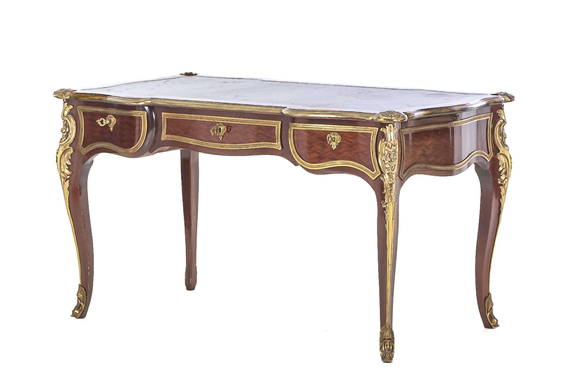 Bureau Plat desk in Louis XVI style, 20th century, rosewood veneer and rich gilded metal