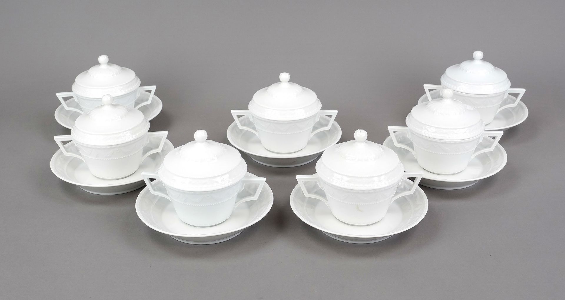 Seven soup bowls with lids and saucers, 21-piece, KPM Berlin, marks 1993-2000, mostly 1st choice,