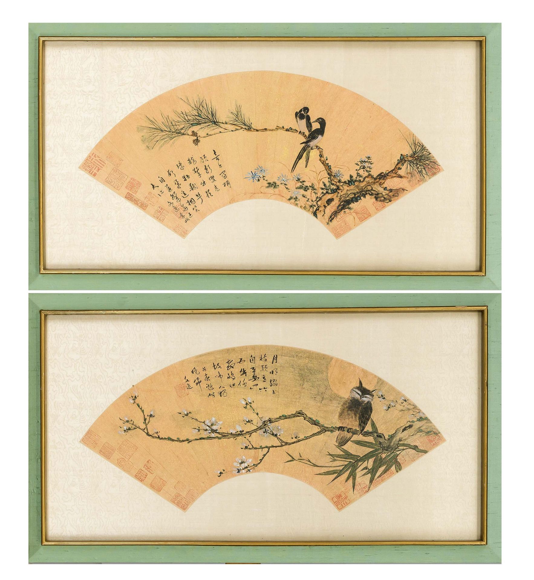 2 Fan paintings, China probably Republic period. Polychrome ink and light colors on paper. Applied