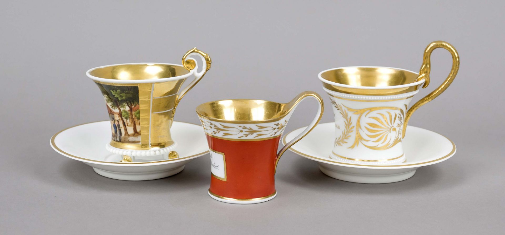 Three cups with two saucers, KPM Berlin, 1800-1830s, 1 cup, calathos form with inscription 'Sei - Image 2 of 2