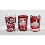 Two souvenir glasses and one friendship glass, early 20th century, different shapes and sizes,