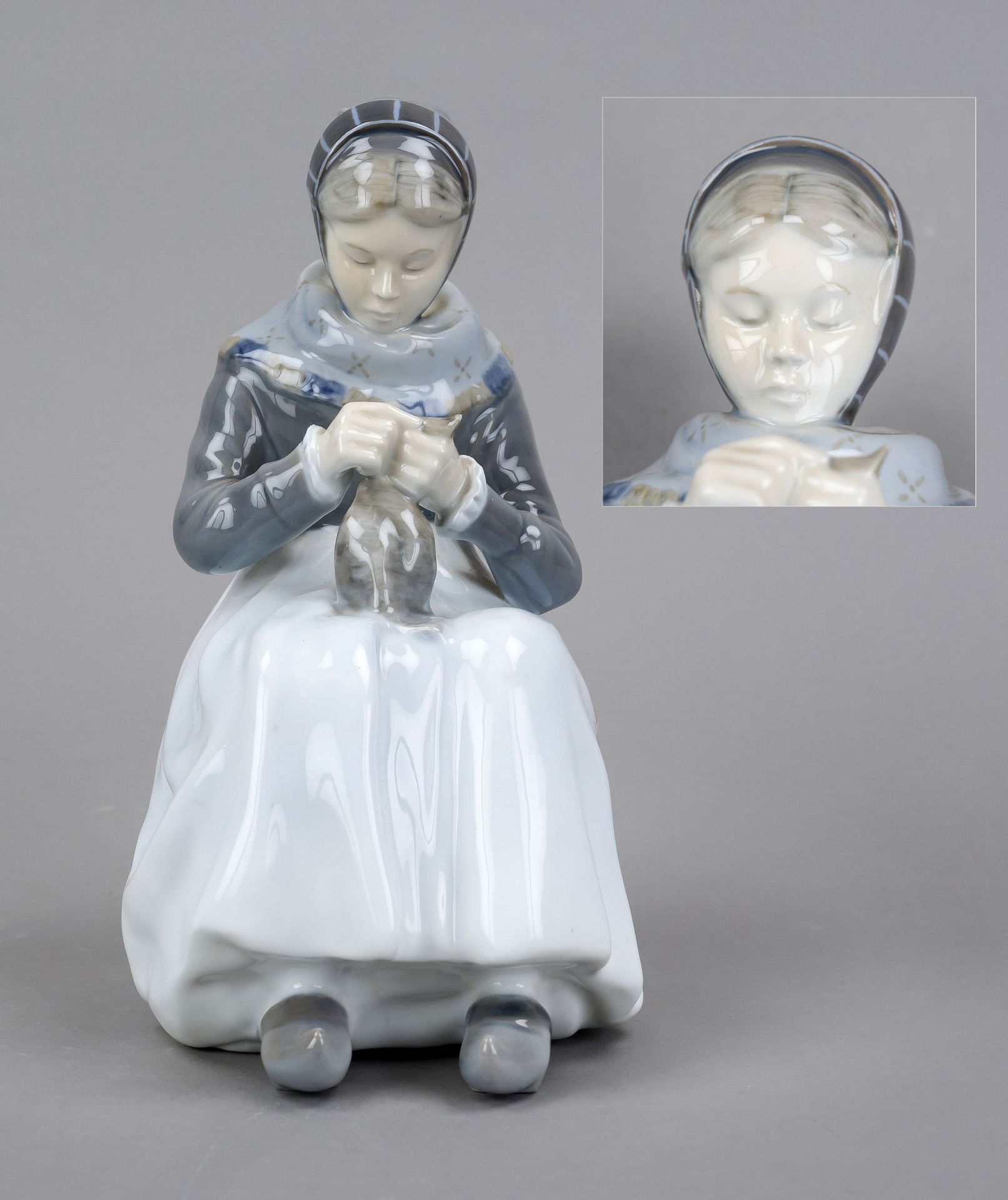 Knitting girl in Amager costume, Royal Copenhagen, mark 1964-79, 1st choice, design by Lotte