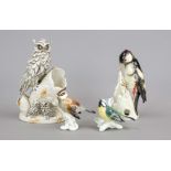 Four bird figures, 20th century, figural pen holder as eagle owl with 2 young, polychrome painted,