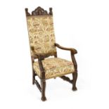 High armchair from around 1890, oak, carved frame typical of the period, 137 x 65 x 56 cm - The