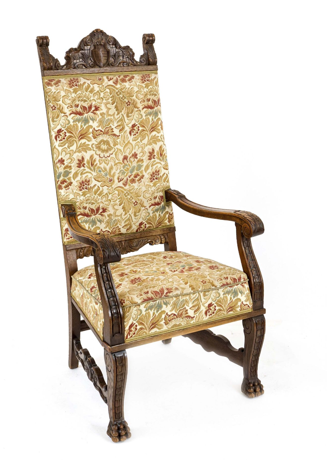 High armchair from around 1890, oak, carved frame typical of the period, 137 x 65 x 56 cm - The