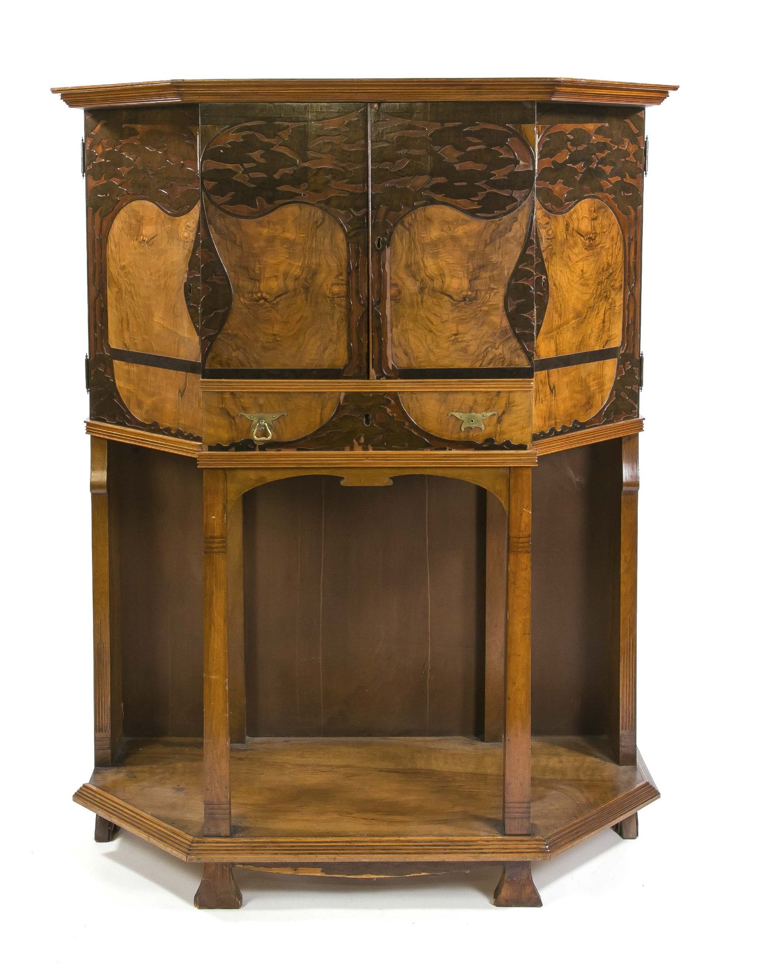 Art Nouveau decorative cabinet, France, c. 1900, solid walnut/veneered, trapezoidal 4-door body,