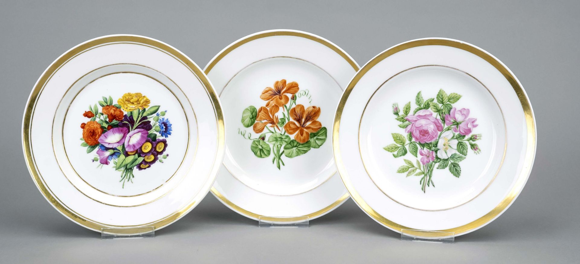 Three plates, KPM Berlin, mark 1830s, antique smooth shape, polychrome flower painting in the