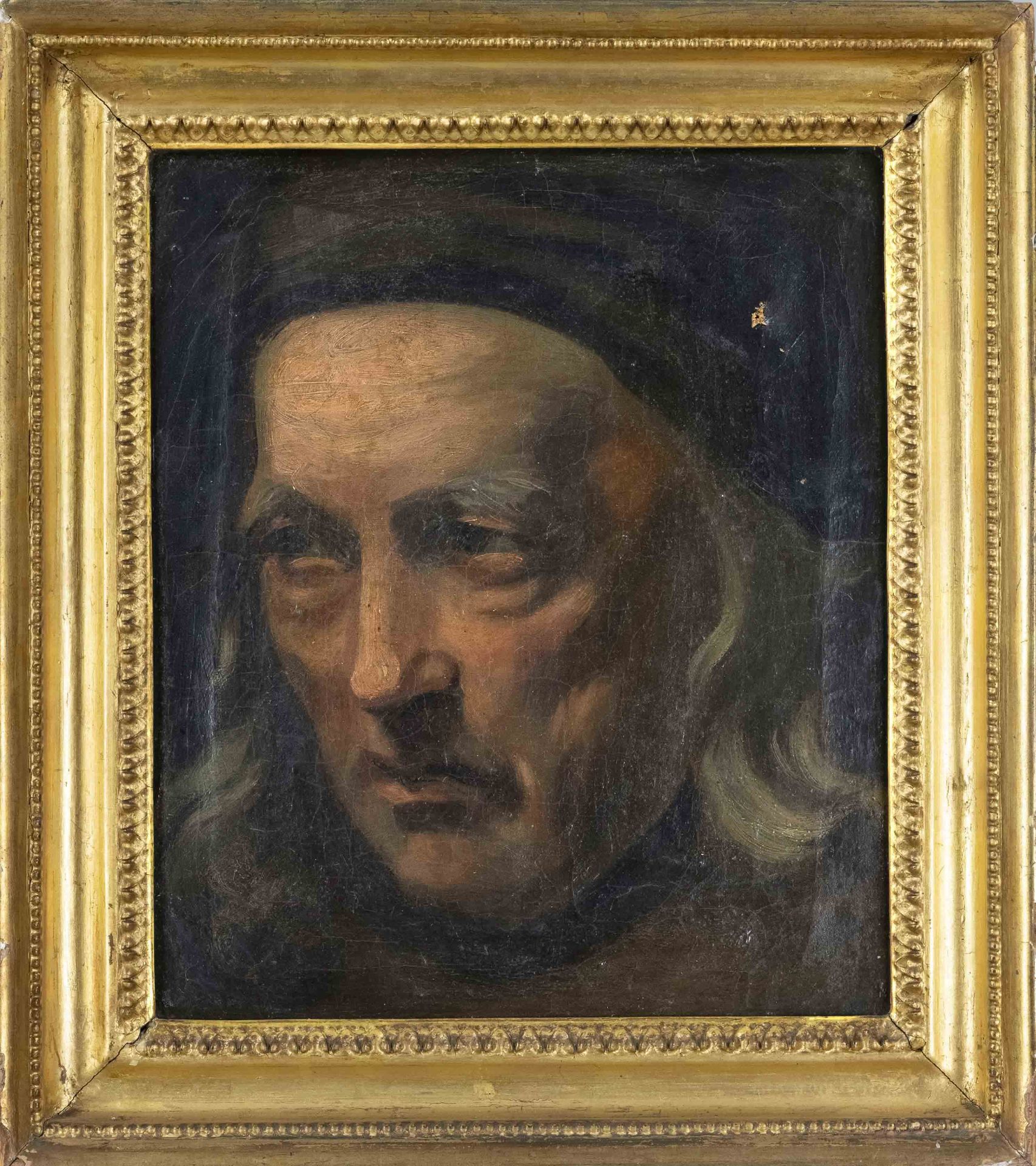 Anonymous 19th century portrait painter, character study of a man with long hair and headgear, oil