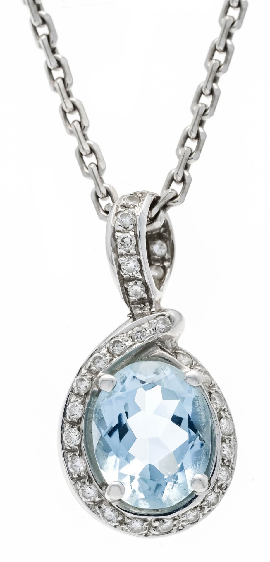 Aquamarine-brilliant pendant WG 750/000 3.6 g, with an oval faceted aquamarine 10.0 x 8.0 mm light
