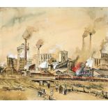 Mixed lot of 10 watercolors and drawings with motifs from industry, mining and steelworks, including