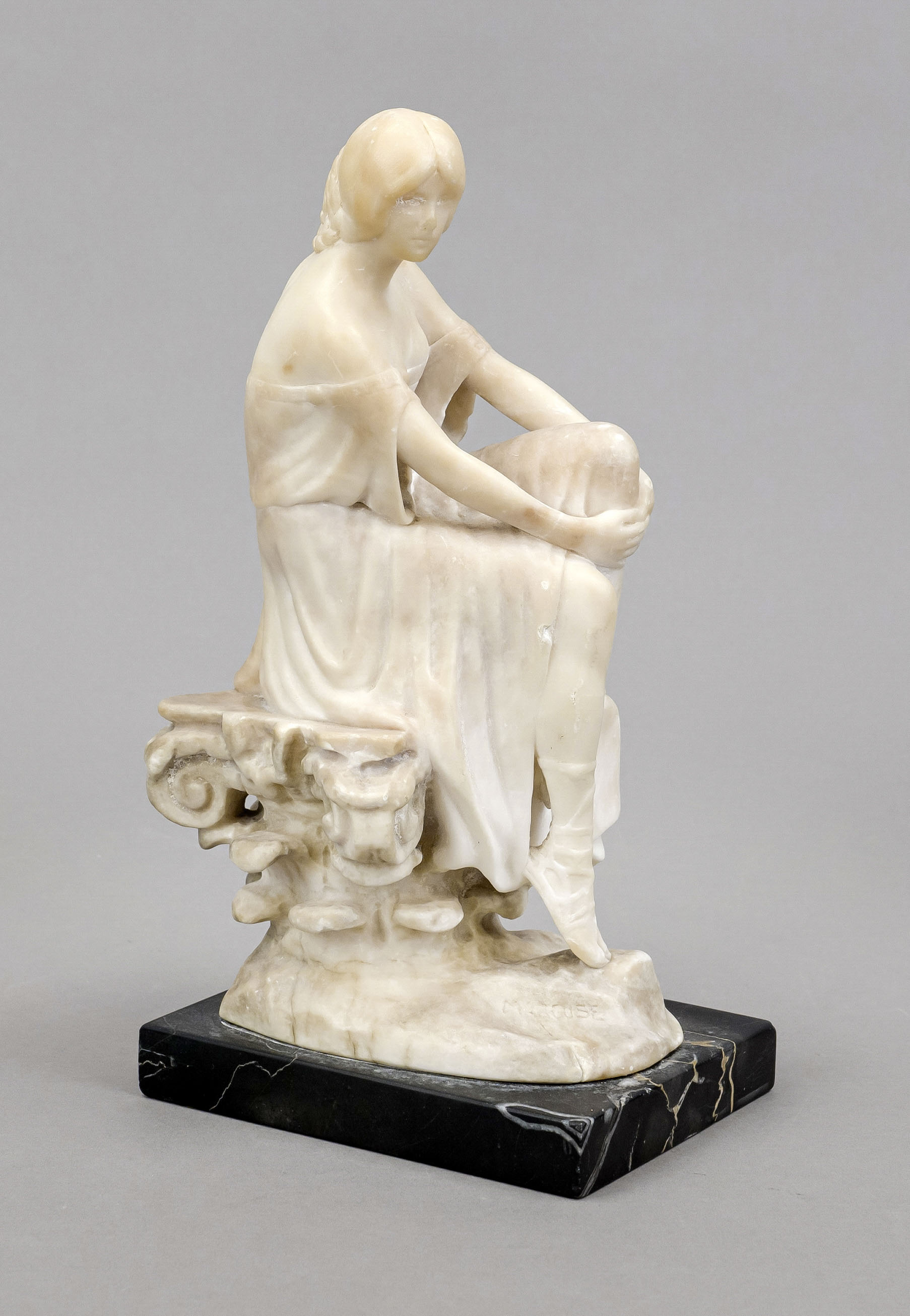 Rudolf Marcuse (1878-c.1930/40), girl seated on a capital, alabaster on marble plinth, signed in the