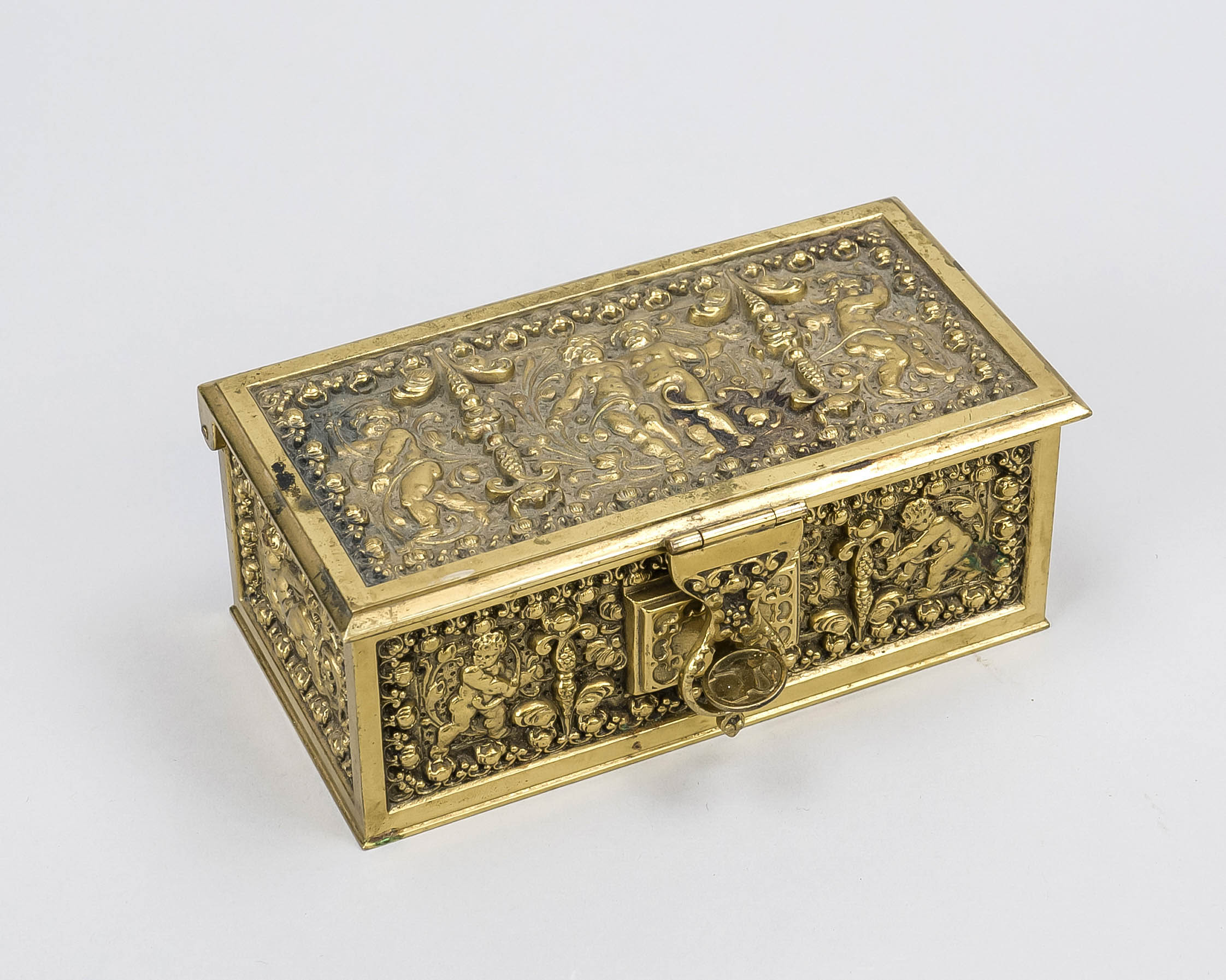 Small casket, Germany 19th/20th century, Erhard & Söhne, brass body with relief decoration in