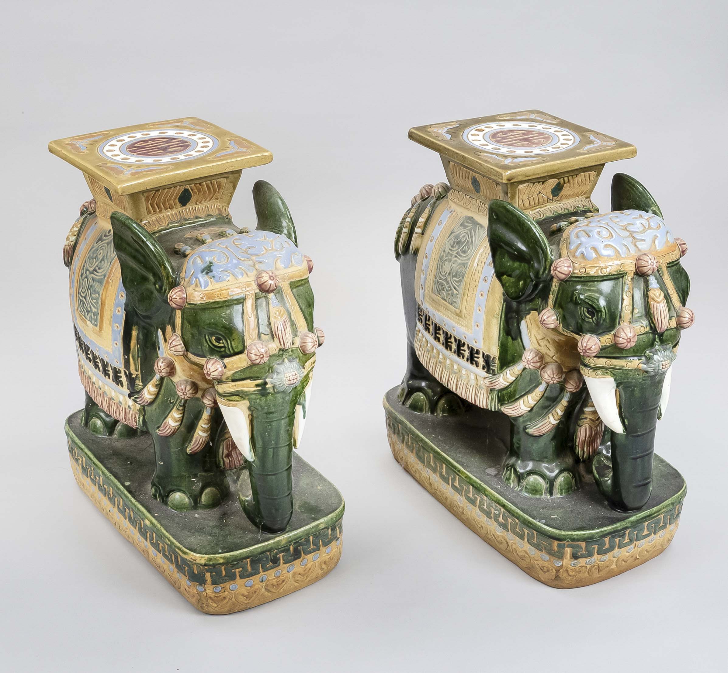 Pair of elephant flower stools, India or Nepal, 20th century, terracotta in the shape of a mighty