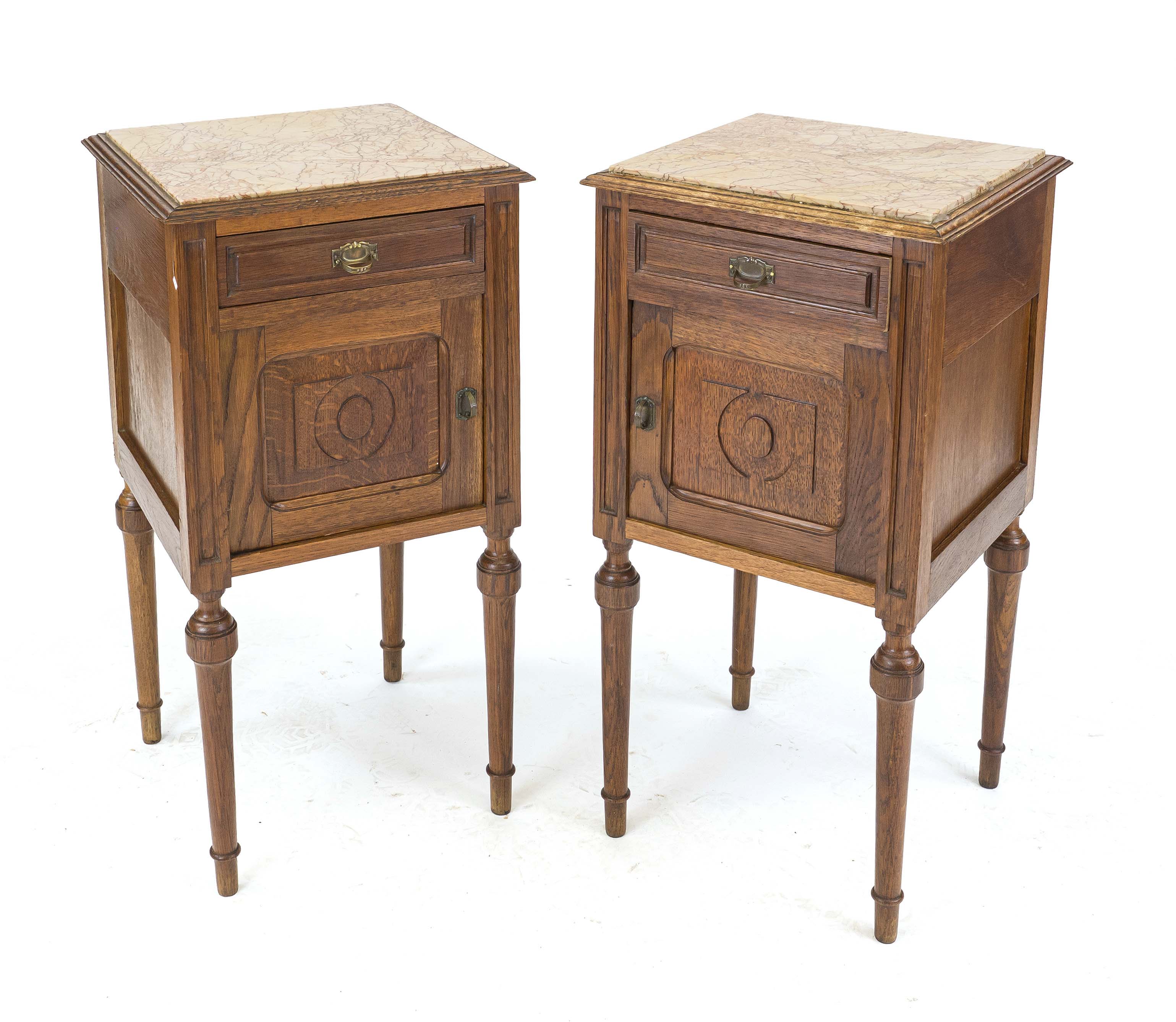 Pair of bedside/side cabinets, late 19th century, oak, 1-door body with drawer, inset beige veined