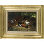 R. Maes, 19th century animal painter, Flock of chickens on a haystack, oil on mahogany panel,