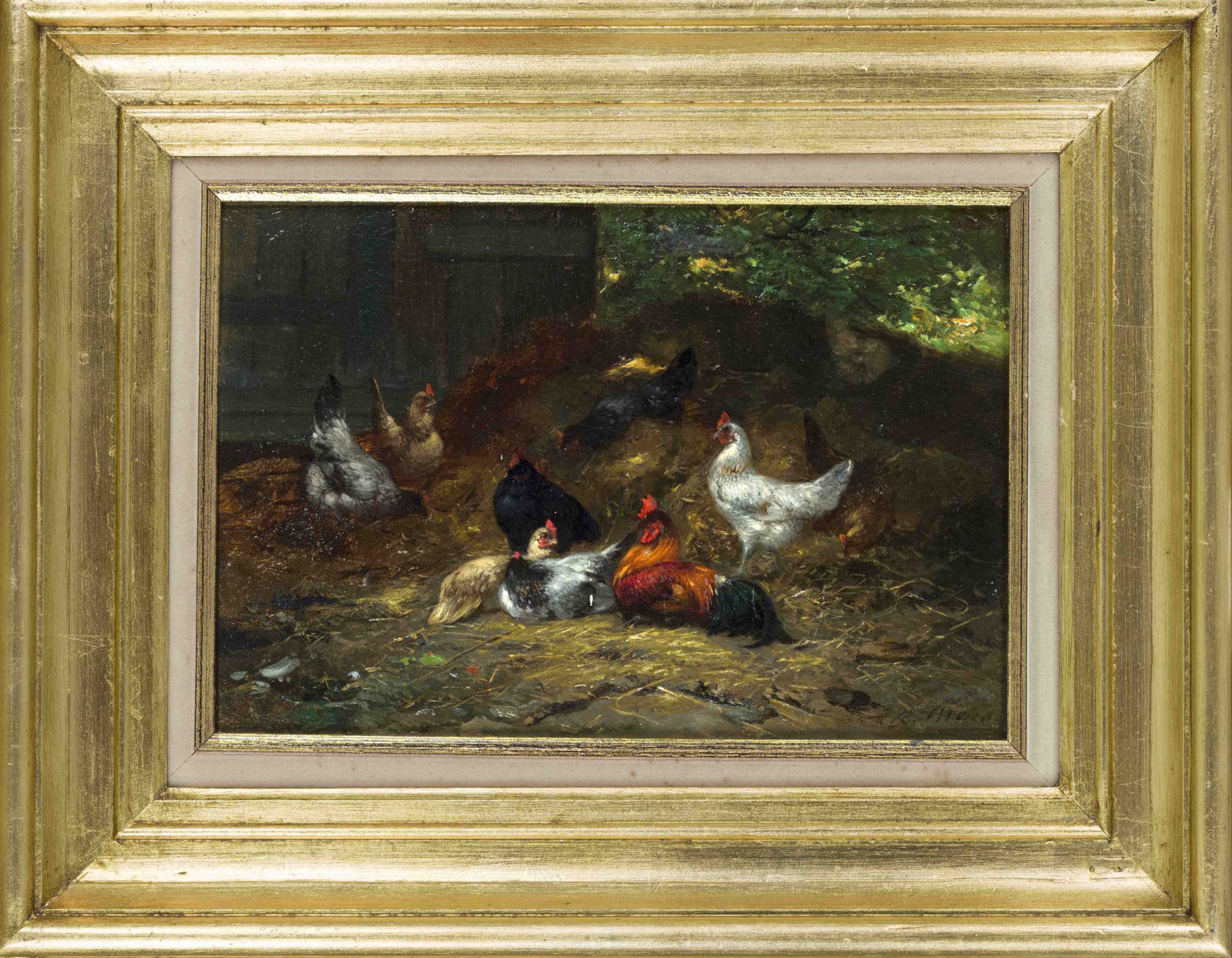 R. Maes, 19th century animal painter, Flock of chickens on a haystack, oil on mahogany panel,