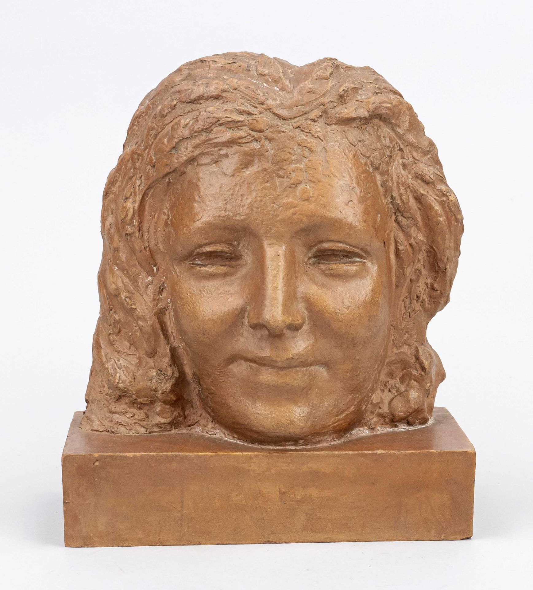 Joseph Witterwulghe (1883-1967), female head, terracotta in high relief on matching plinth, signed