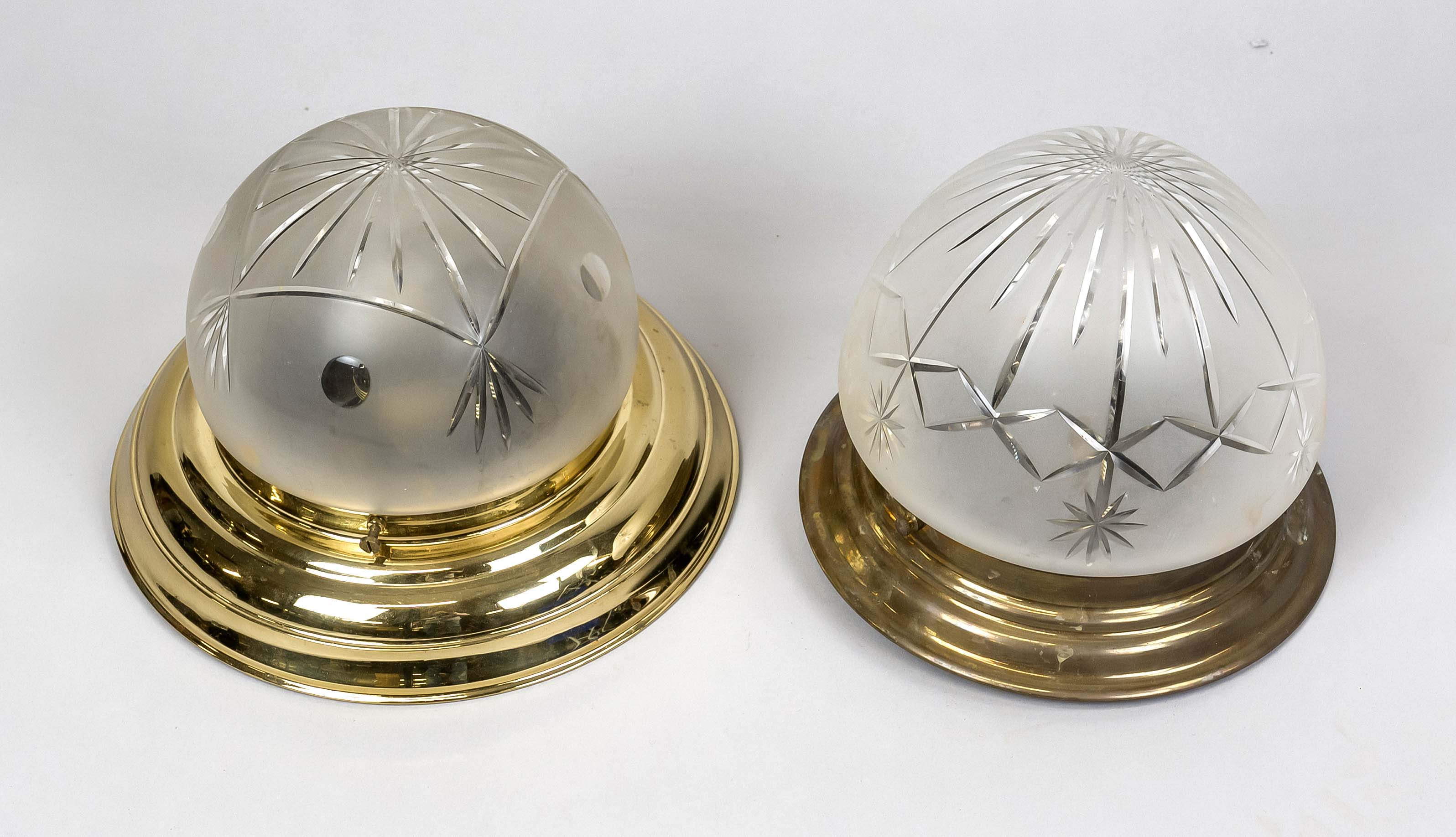 2 plafonds, 20th century, profiled brass mounts, etched glass shades with cut decoration, d. 24 cm