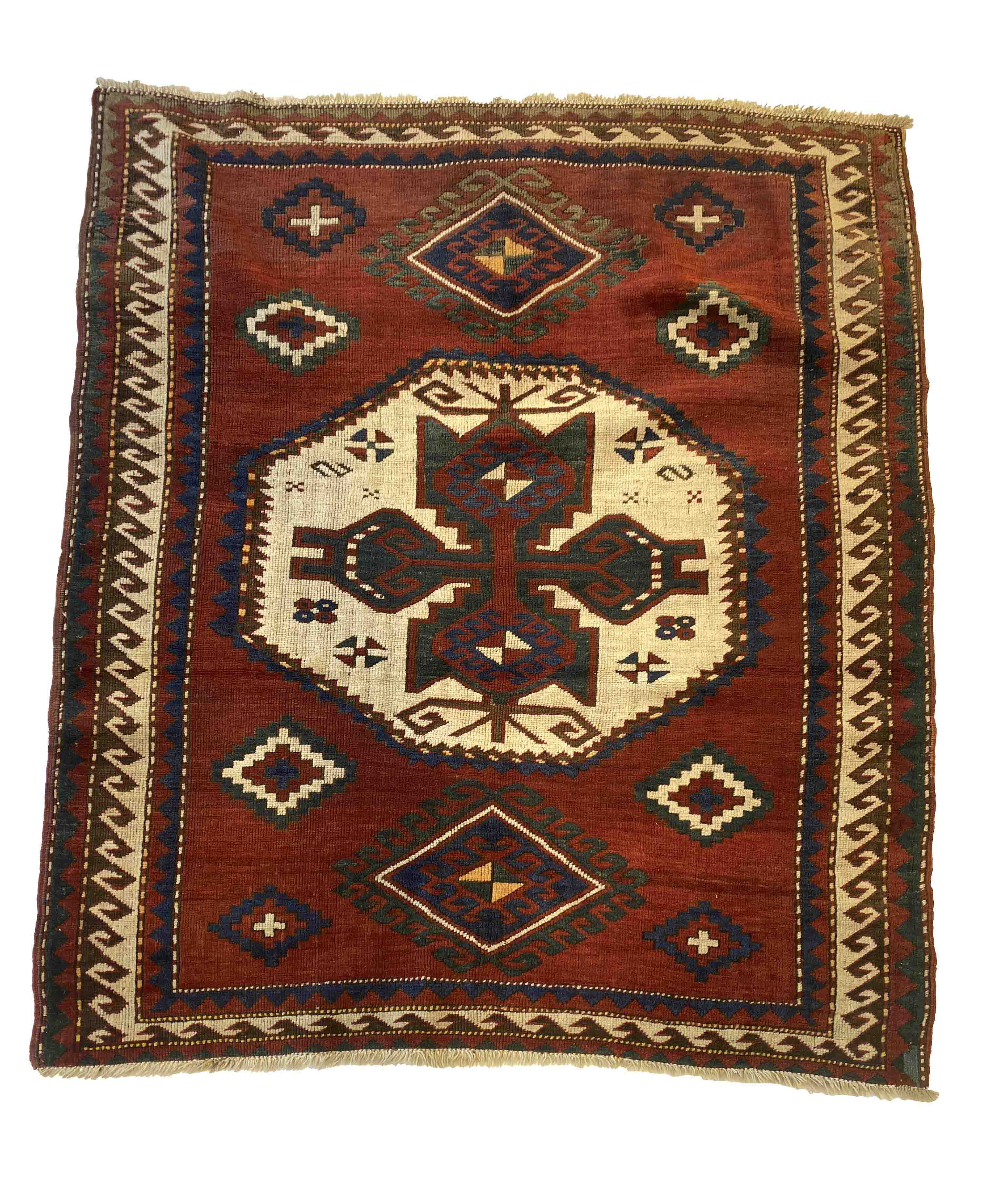 Carpet Caucasus, Kazak, even low pile, slightly shortened, repair, 160 x 132 cm - The carpet can