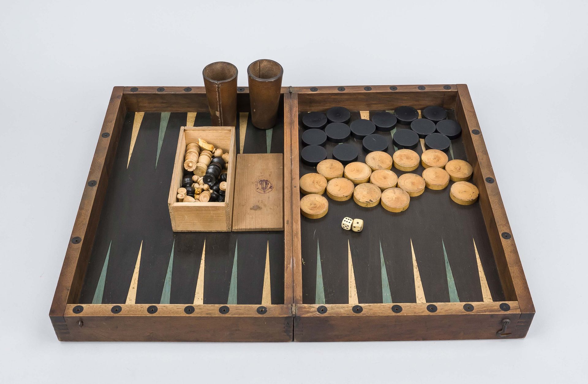 Folding box for chess or backgammon. 1st half of the 20th century, outside for chess, the squares