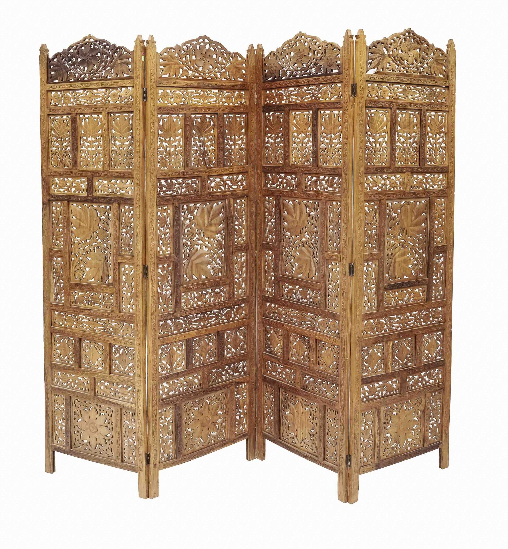 4-part folding screen PARAVENT, Orient, carved wood with numerous openwork floral decorations, h