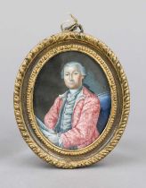 Oval miniature, German c. 1760, polychrome tempera painting on vellum. Man in embroidered pink