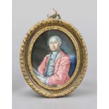 Oval miniature, German c. 1760, polychrome tempera painting on vellum. Man in embroidered pink