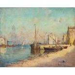 Unidentified artist c. 1900, Italian harbor scene on a summer morning, oil on canvas, indistinctly