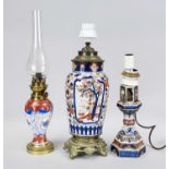 3 lamp bases with Imari vases, one Europe and 2 Japan 19th century, rubbed, h. to 39 cm