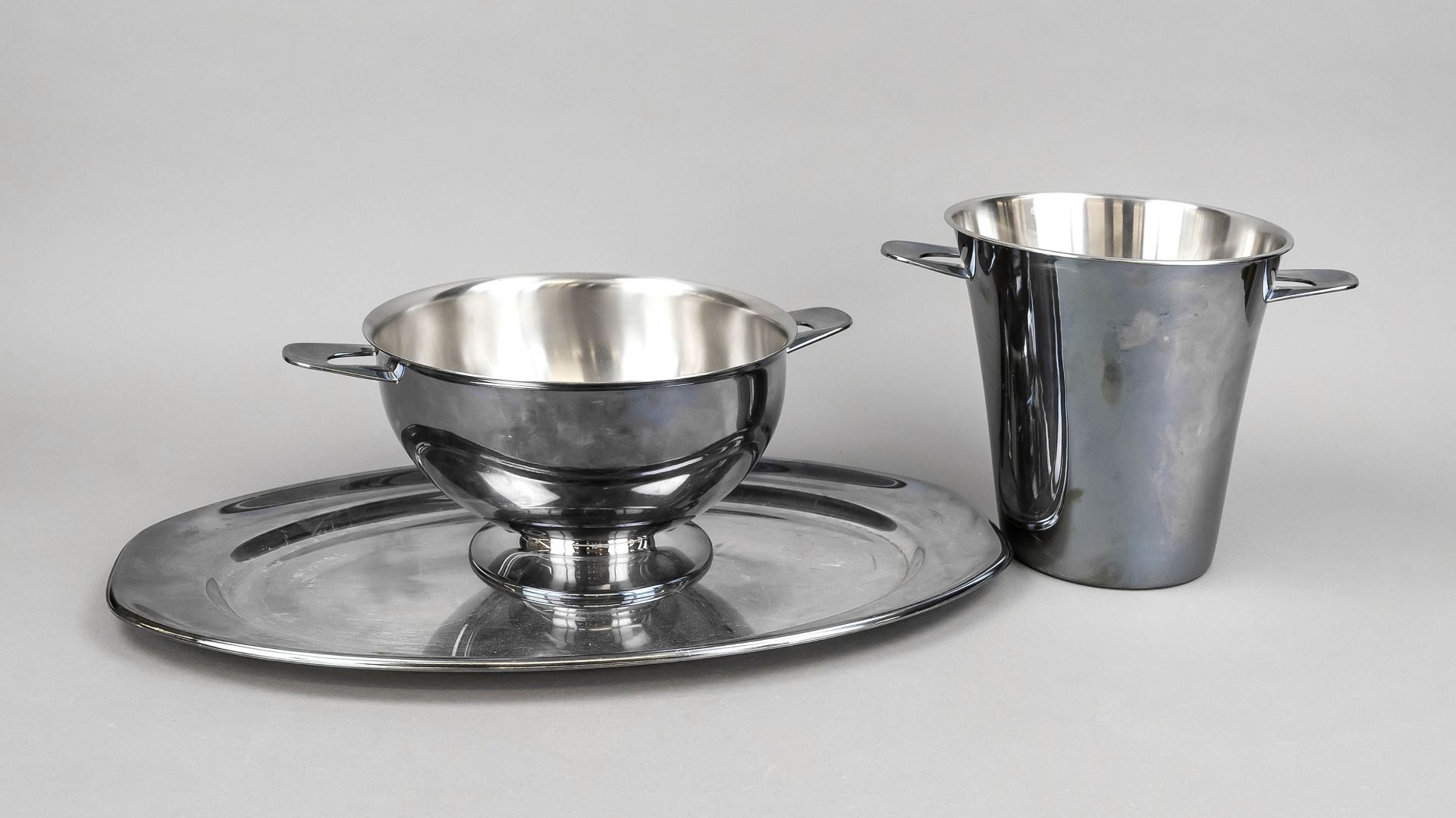 WMF set, Germany 20th century, stainless steel. Consisting of champagne cooler, cooling bowl for