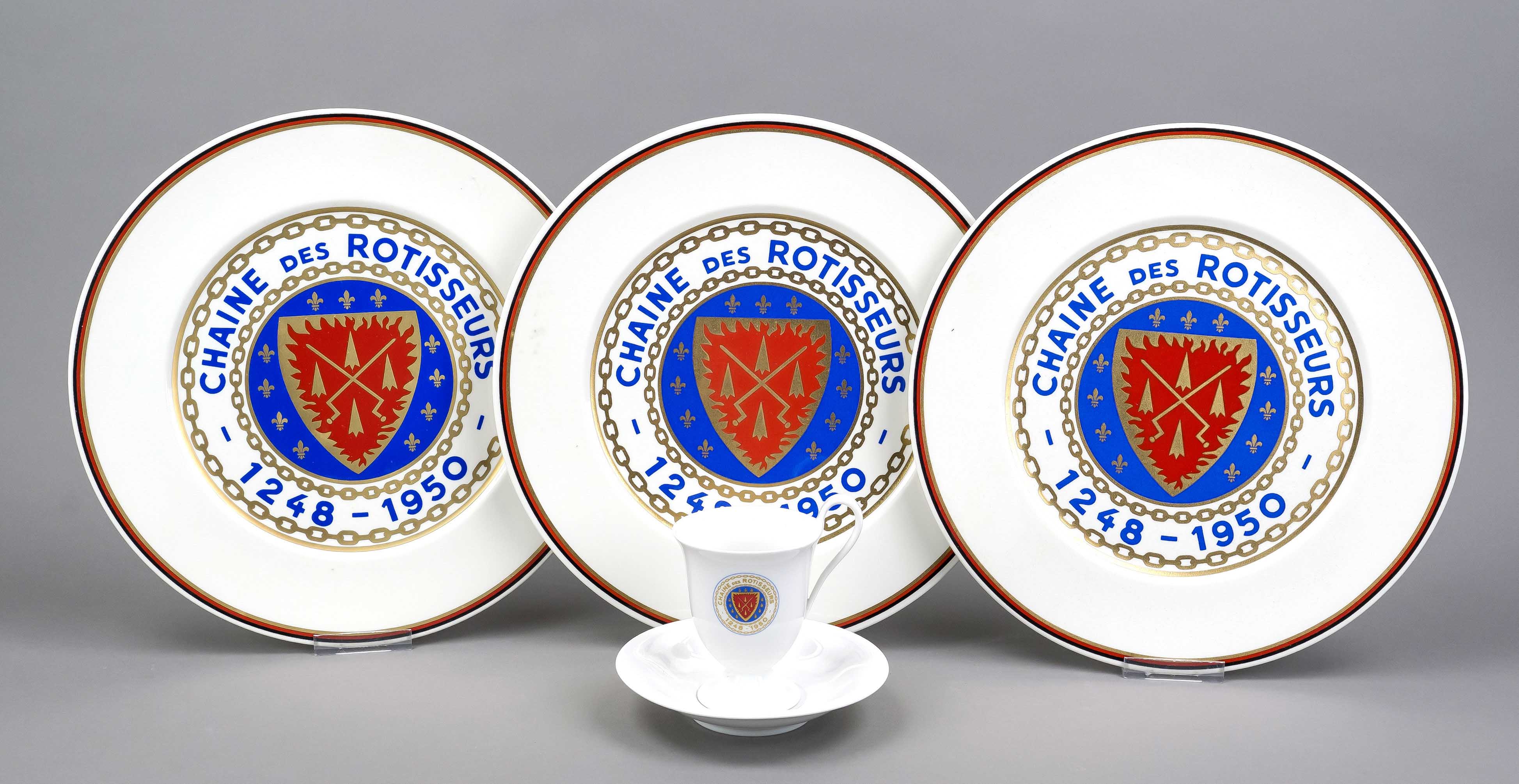 Four promotional items from the 'Confrérie de la Chaîne des Rôtisseurs 1248-1950', cup and saucer,