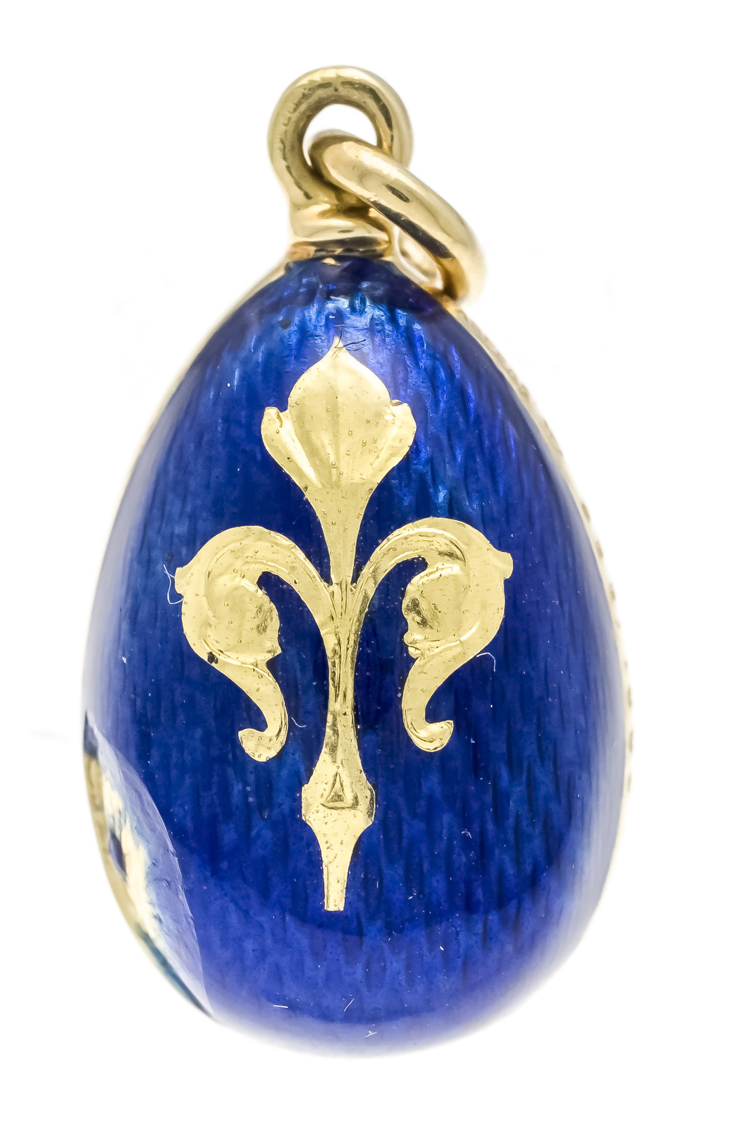 Egg pendant GG 750/000 with lily motif on blue enamel, enamel damaged in 2 places, l. 26 mm, Fabergé