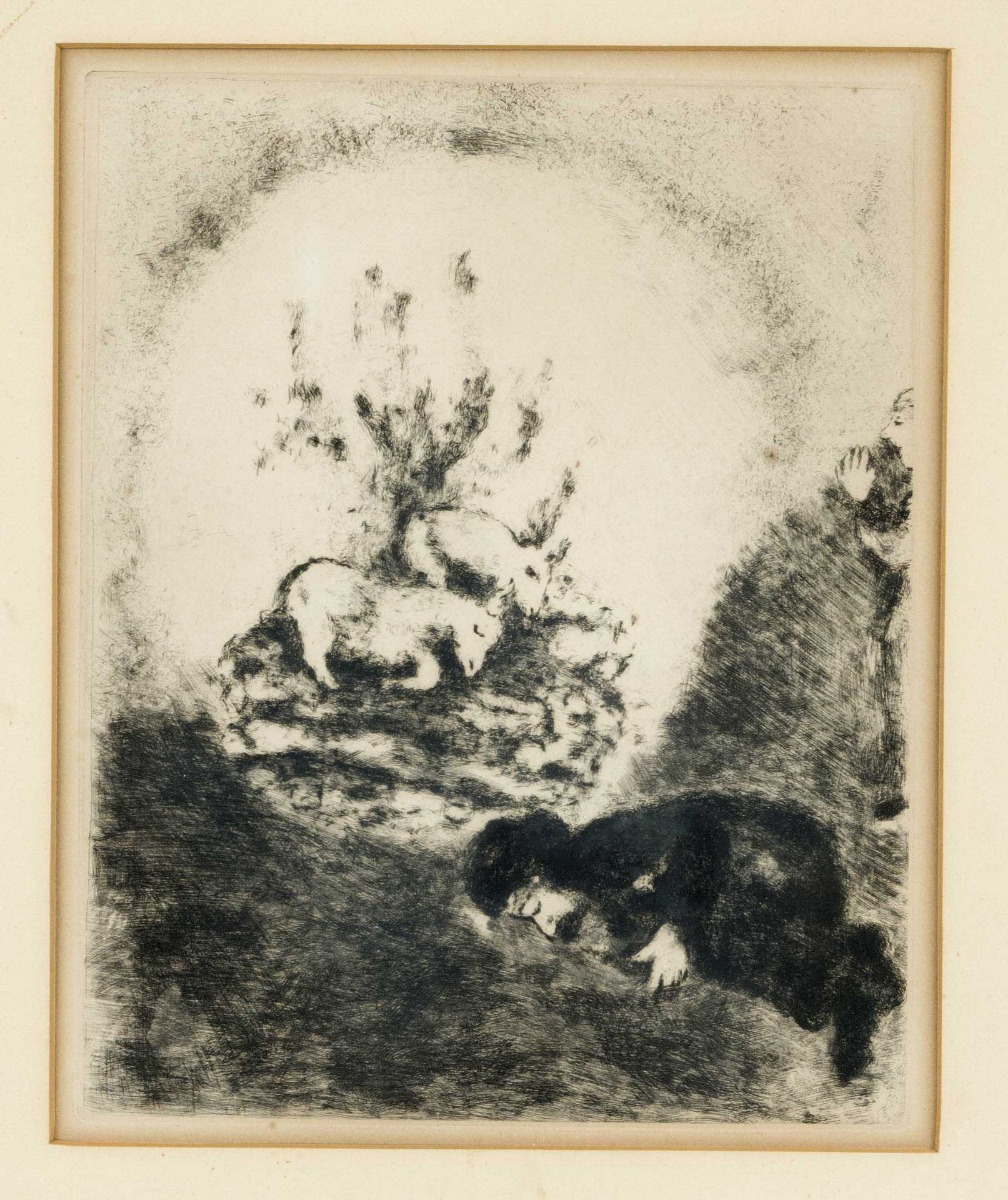 Marc Chagall (1887-1985), reclining figure with two goats, etching in black, unsigned, light-