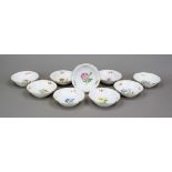 Nine pudding bowls, Meissen, mark after 1934, 2nd choice, shape New cut-out, polychrome flower