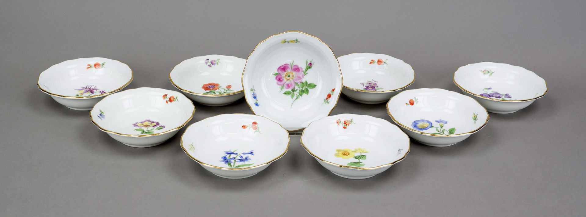 Nine pudding bowls, Meissen, mark after 1934, 2nd choice, shape New cut-out, polychrome flower