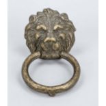 Large door knocker with lion's head mask, mid 20th century, brass, movable ring, drilled hole