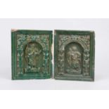 A pair of oven tiles, probably Italy 18th/19th century, Italy?, pottery, terracotta glazed green,