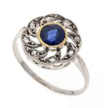 Sapphire diamond ring WG/GG 585/000 with a round faceted sapphire 5.4 mm blue, translucent, and